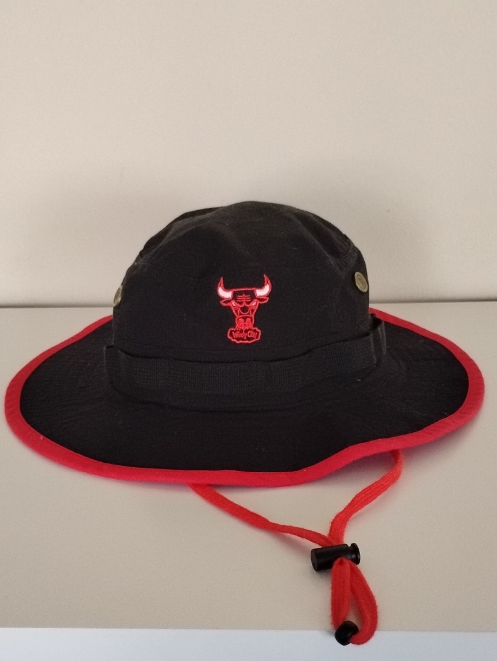 Mitchell & Ness Black and Red Bucket Hat with Team Patch